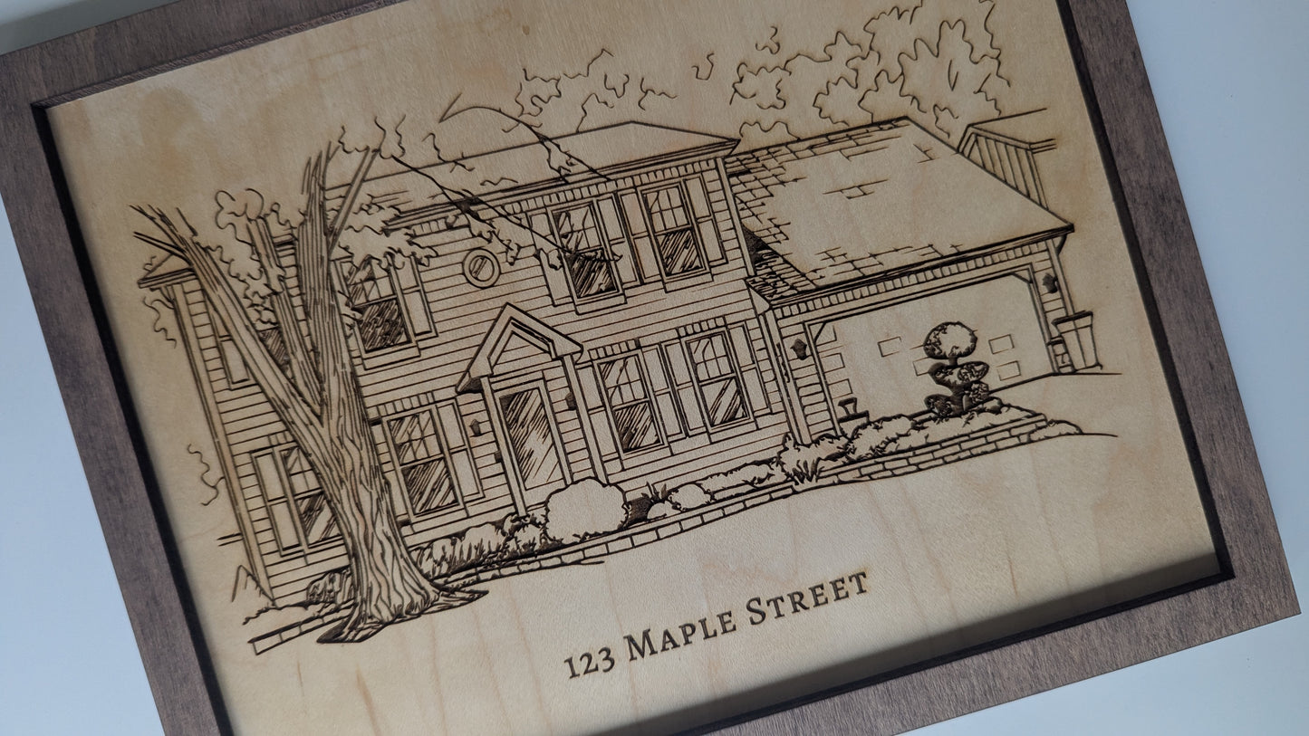 Custom Engraved Home Portrait – Personalized House Drawing on Wood