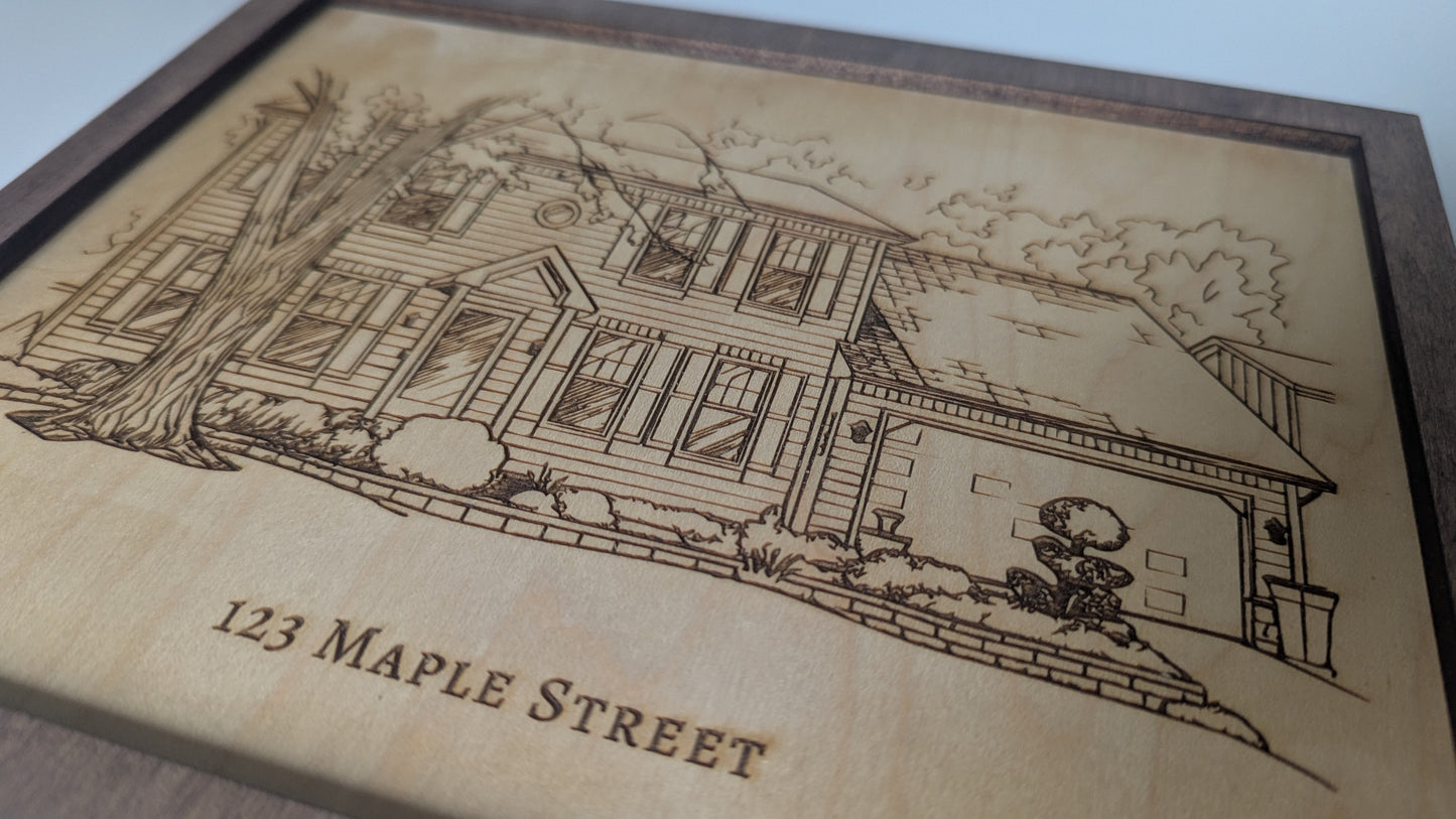 Custom Engraved Home Portrait – Personalized House Drawing on Wood
