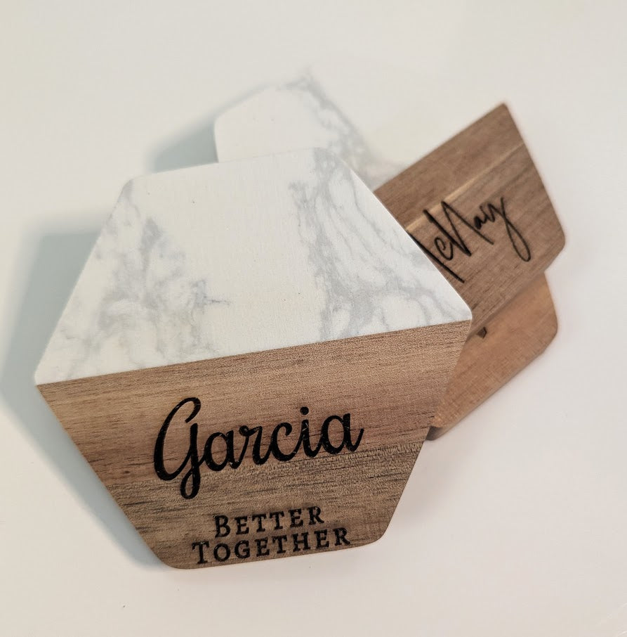 Custom Monogrammed White Marble Wood Coasters