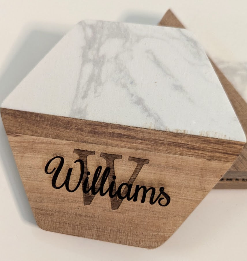 Custom Monogrammed White Marble Wood Coasters