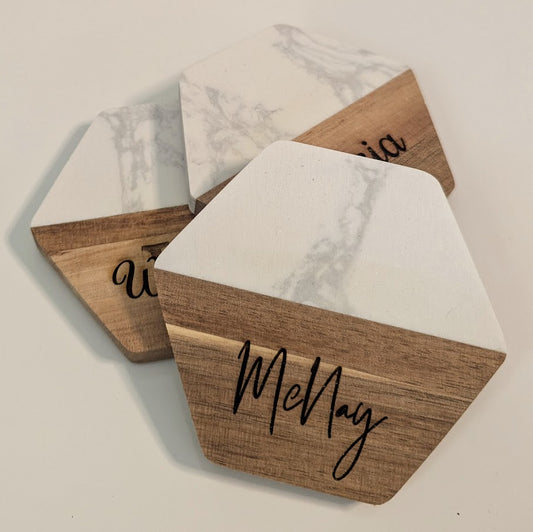 Custom Monogrammed White Marble Wood Coasters